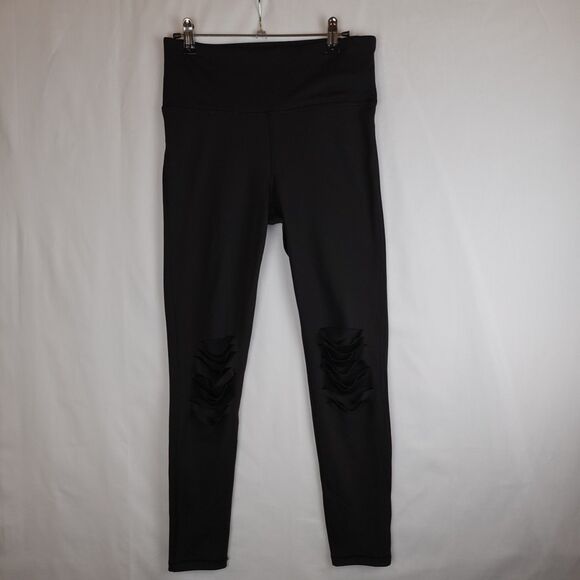 Athletic Leggings Mono B Womens Size Medium Black Shredded Knee Yoga Gym Pilates - Picture 1 of 10